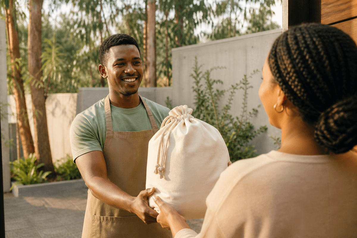 A courier handing a laundry bag to a customer