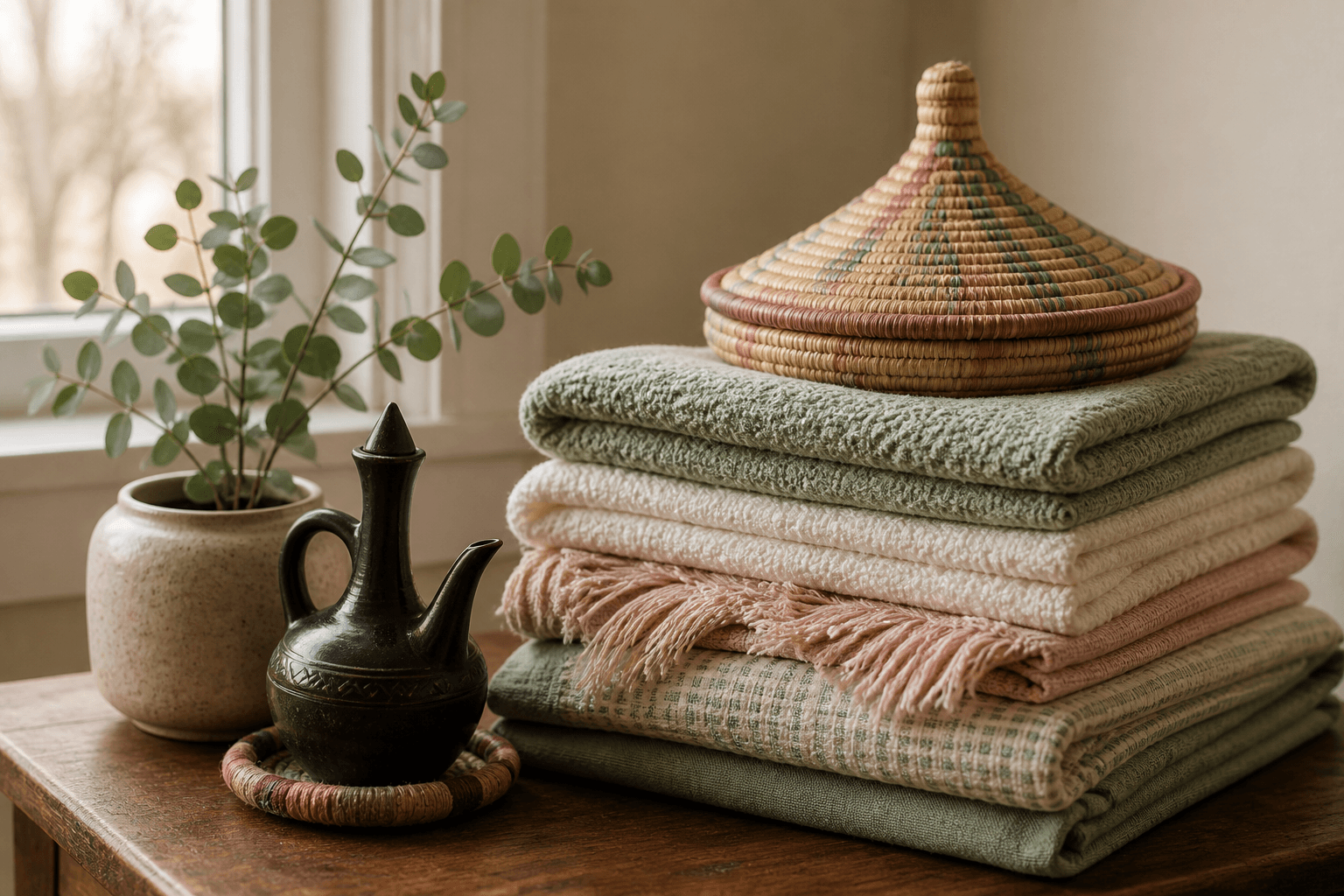 A stack of freshly folded, neatly pressed laundry